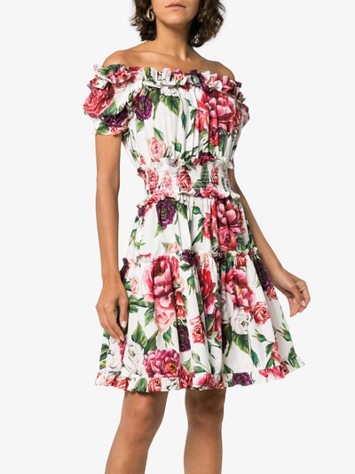 Shop Dolce & Gabbana Off-shoulder Frill Peony Print Cotton Mini Dress In Pink&purple