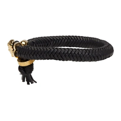 Shop Versace Black And Gold Leather Braid Bracelet In D41oh Black