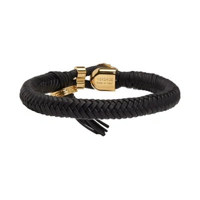 Shop Versace Black And Gold Leather Braid Bracelet In D41oh Black