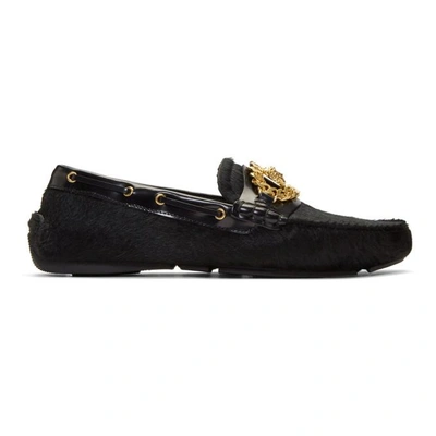 Shop Versace Black Calf Hair Medusa Tribute Driver Loafers In K41t Black