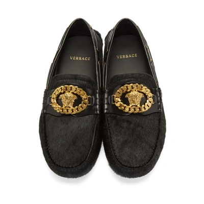 Shop Versace Black Calf Hair Medusa Tribute Driver Loafers In K41t Black