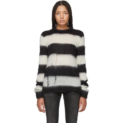 Shop Saint Laurent Black And White Mohair Striped Sweater In 1095 Black