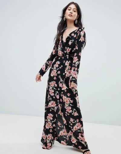 Shop Oh My Love Frilled Neck Maxi Dress In Floral Print-multi
