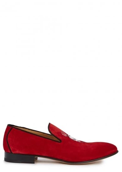 Shop Alexander Mcqueen Red Embroidered Suede Loafers