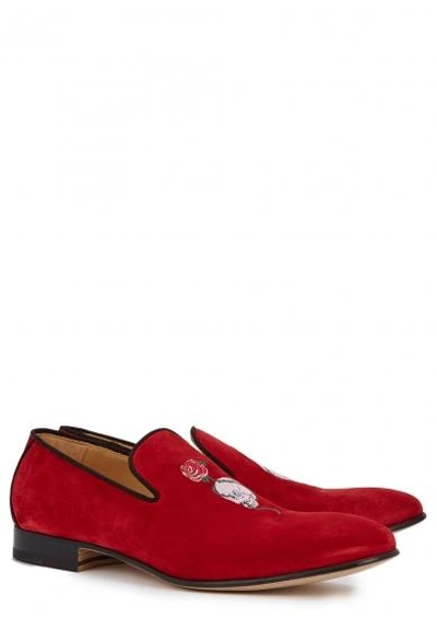 Shop Alexander Mcqueen Red Embroidered Suede Loafers