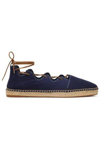 Shop Tory Burch Woman Embroidered Lace-up Canvas Espadrilles Navy