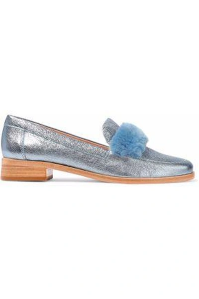 Shop Loeffler Randall Woman Greta Shearling-trimmed Metallic Cracked-leather Loafers Light Blue