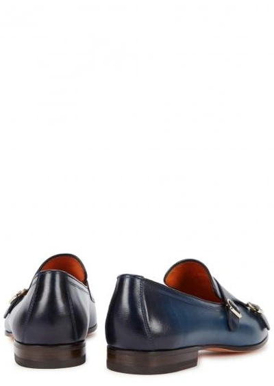 Shop Santoni Blue Leather Monk-strap Shoes