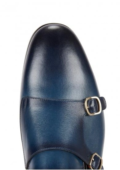 Shop Santoni Blue Leather Monk-strap Shoes