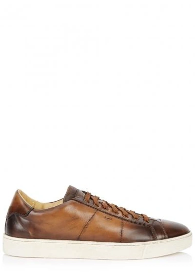 Shop Santoni Brown Burnished Leather Sneakers