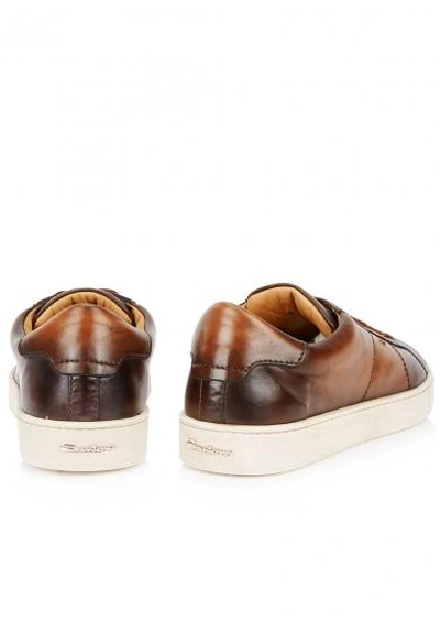 Shop Santoni Brown Burnished Leather Sneakers