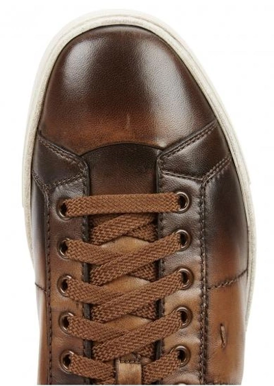 Shop Santoni Brown Burnished Leather Sneakers