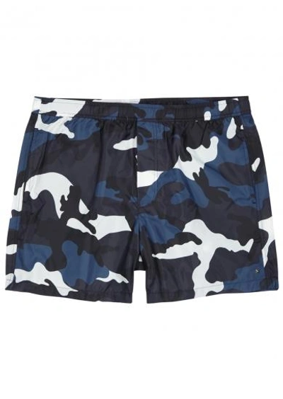 Shop Valentino Camouflage-print Swim Shorts In Navy