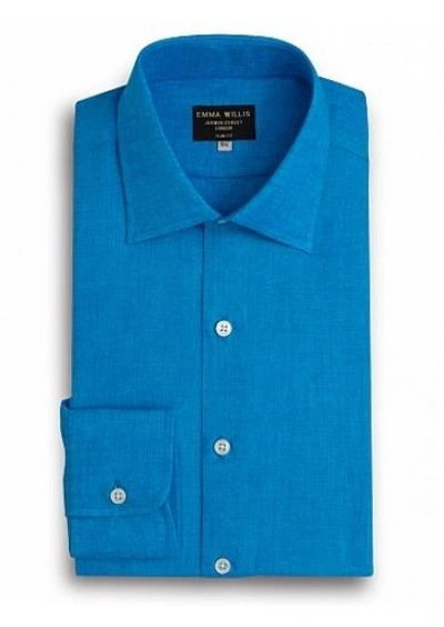 Shop Emma Willis Sea Blue Linen Slim Fit Single Cuff Shirt