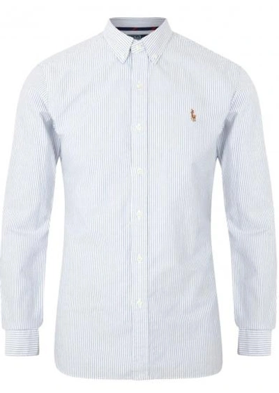 Shop Polo Ralph Lauren Striped Slim Piqué Cotton Oxford Shirt In Blue And White