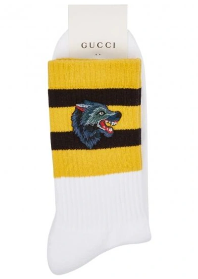Shop Gucci Wolf Appliqué Cotton Blend Socks In White