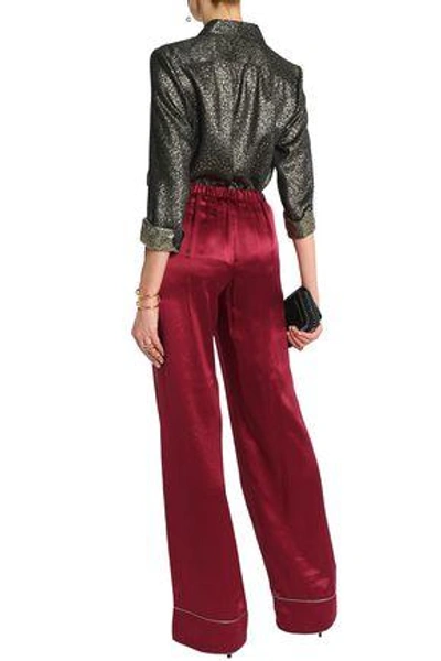 Shop Roberto Cavalli Woman Lamé-trimmed Silk-satin Wide-leg Pants Claret