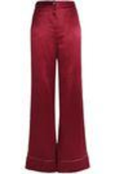 Shop Roberto Cavalli Woman Lamé-trimmed Silk-satin Wide-leg Pants Claret