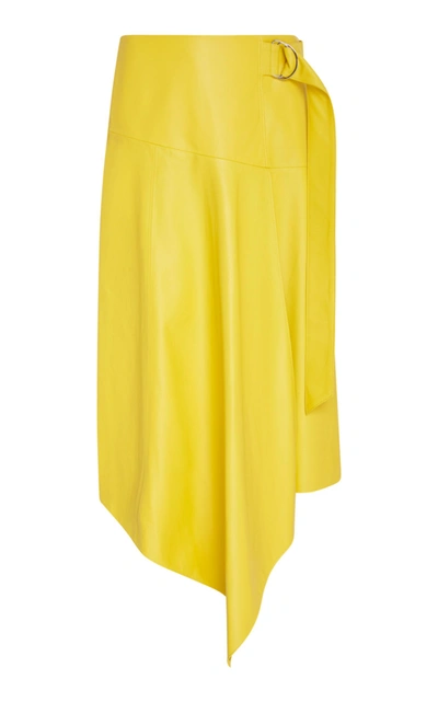 Shop Tibi Draped Asymmetric Leather Midi Skirt In Yellow