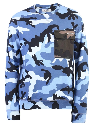 Shop Valentino Camouflage Cotton Blend Sweatshirt In Blue