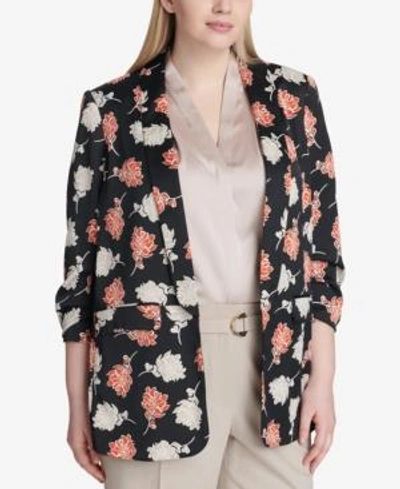 Shop Calvin Klein Plus Size Floral-print Ruched-sleeve Jacket In Khaki Multi