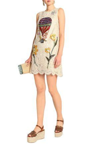 Shop Dolce & Gabbana Embellished Cotton-blend Corded Lace Mini Dress In Neutral