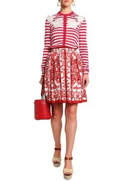 Shop Dolce & Gabbana Woman Lace-paneled Striped Silk Cardigan Red