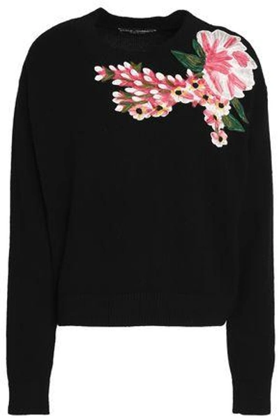 Shop Dolce & Gabbana Woman Floral-appliquéd Wool And Cashmere-blend Sweater Black