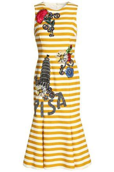 Shop Dolce & Gabbana Woman Cutout Appliquéd Striped Cotton-blend Dress Saffron