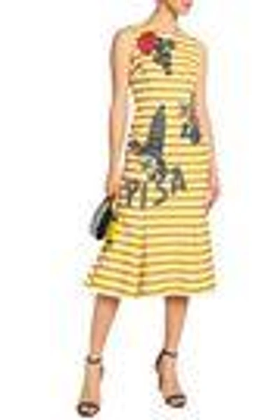 Shop Dolce & Gabbana Woman Cutout Appliquéd Striped Cotton-blend Dress Saffron