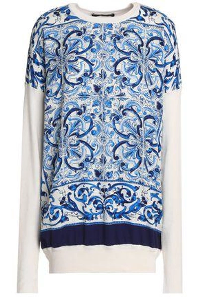 Shop Dolce & Gabbana Woman Printed Crepe De Chine-paneled Silk Sweater Blue