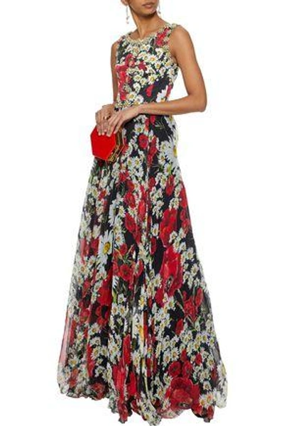 Shop Dolce & Gabbana Woman Embellished Floral-print Silk-blend Jacquard And Chiffon Gown Red