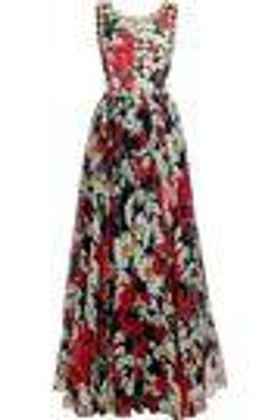 Shop Dolce & Gabbana Woman Embellished Floral-print Silk-blend Jacquard And Chiffon Gown Red