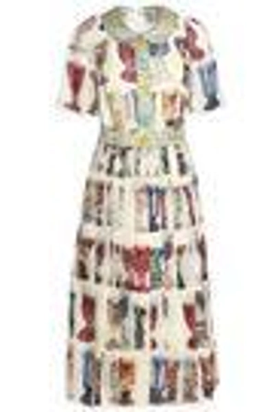 Shop Dolce & Gabbana Woman Embellished Pleated Printed Silk-organza Midi Dress Ivory