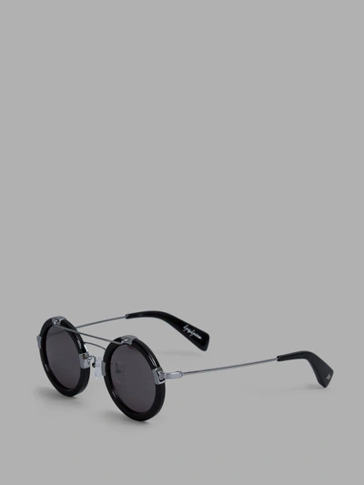 Shop Yohji Yamamoto Black Rounded Sunglasses With Metal Details