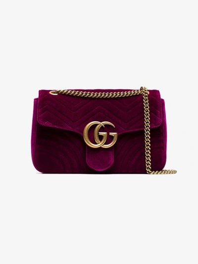 Shop Gucci Fuchsia Marmont Medium Velvet Quilted Bag In Pink/purple