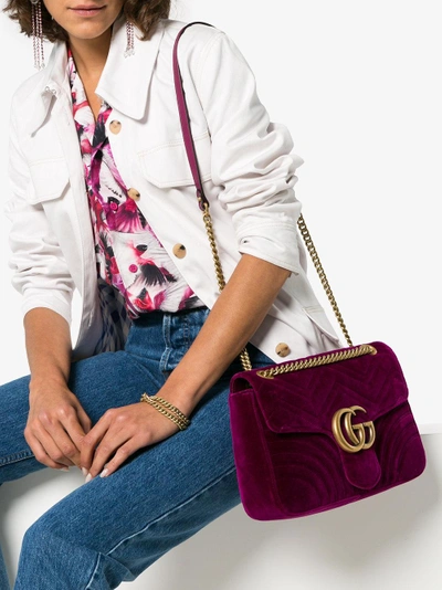 Shop Gucci Fuchsia Marmont Medium Velvet Quilted Bag In Pink/purple