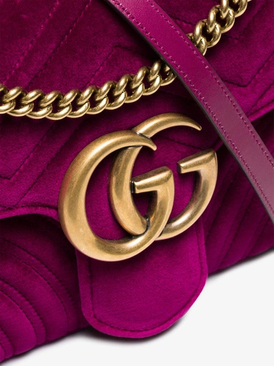 Shop Gucci Fuchsia Marmont Medium Velvet Quilted Bag In Pink/purple