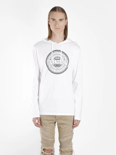 Shop Balmain Men's White Light Weight Monnaie Print Hoodie