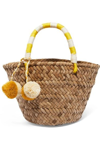 Shop Kayu St Tropez Mini Pompom-embellished Embroidered Woven Straw Tote In Yellow