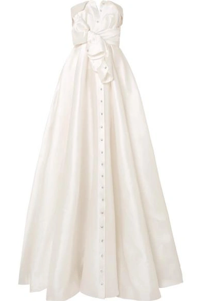 Shop Alexis Mabille Bow-detailed Embellished Satin-twill Gown In White