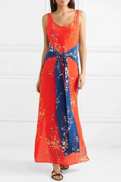 Shop Jaline Elizabeth Paneled Floral-print Silk Crepe De Chine Maxi Dress In Coral