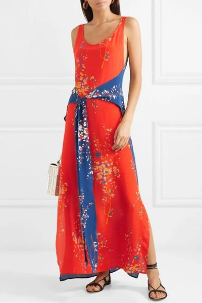 Shop Jaline Elizabeth Paneled Floral-print Silk Crepe De Chine Maxi Dress In Coral