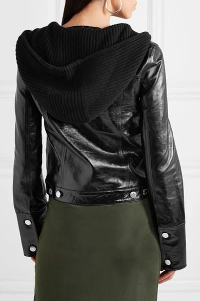 Shop Helmut Lang Hooded Glossed Textured-leather And Ribbed Wool-blend Jacket In Black