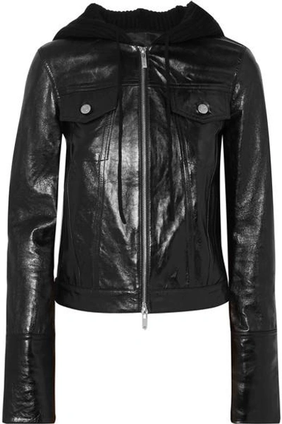 Shop Helmut Lang Hooded Glossed Textured-leather And Ribbed Wool-blend Jacket In Black
