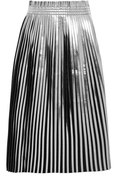 Shop Mm6 Maison Margiela Pleated Metallic Faux Leather Midi Skirt In Silver