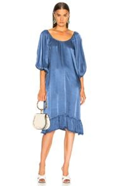 Shop Raquel Allegra Pebble Satin Peasant Ruffle Dress In Blue