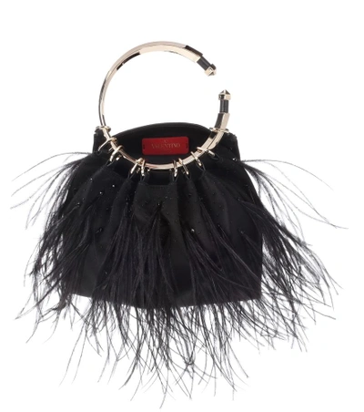 Shop Valentino Silk-blend Feather Clutch In Black