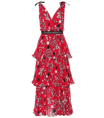 Shop Self-portrait Floral Crêpe De Chine Dress In Red