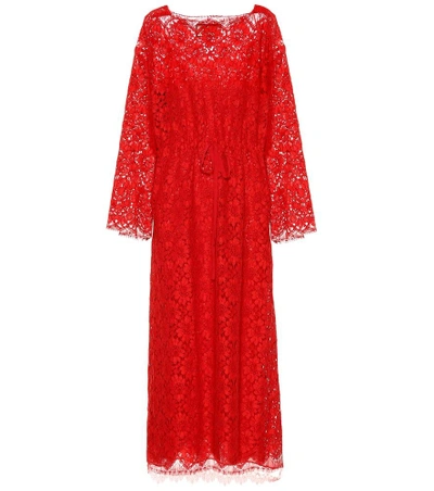Shop Gucci Lace Midi Dress In Red